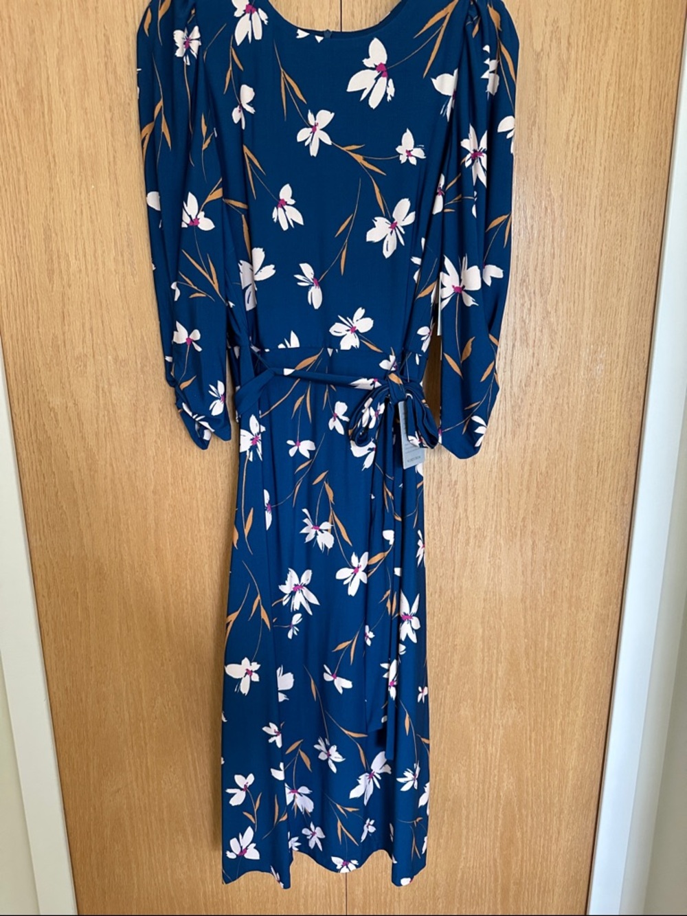 Eliza J Blue Floral Midi Dress with Tie Waist
